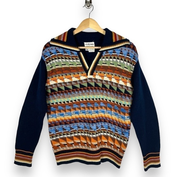 Coll Ageman Vintage Collared V Neck Sweater, Navy Multi, Size Medium - Picture 1 of 9